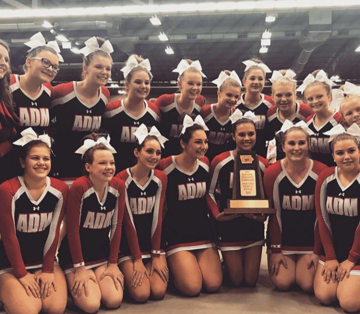 ADM Cheerleaders, 2018 squad, after winning 4th place at the Iowa High School Cheerleading Championships.