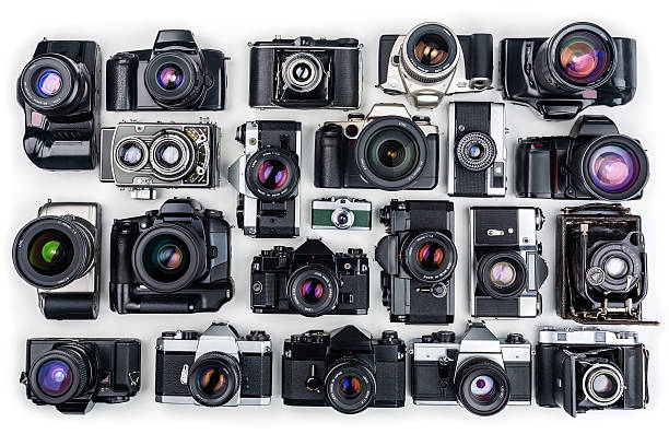 Set of vintage film photo cameras.