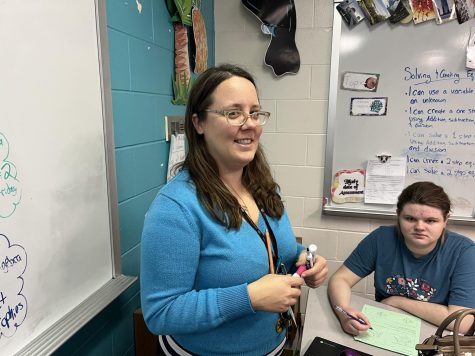 Taking a break from helping a Geometry student with thier math test, Math teacher Alix Lifka-Resslman smiles at the front of the classroom. 