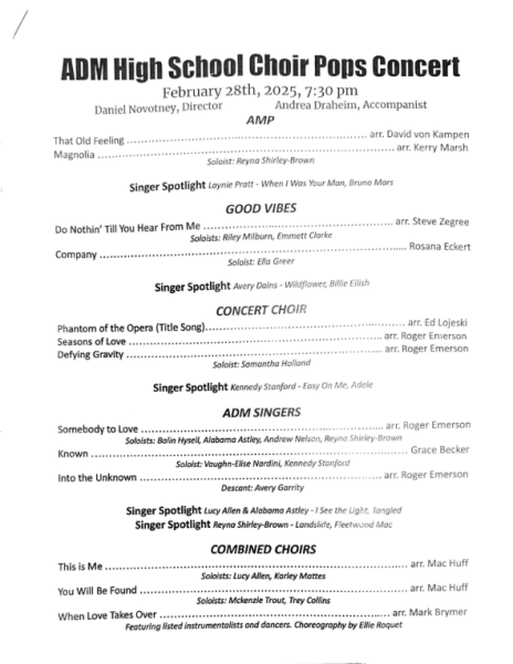 Program of the ADM's 2025 Pops Concert. Showing the songs performed by the jazz choirs, concert choirs, and the singer spotlights.