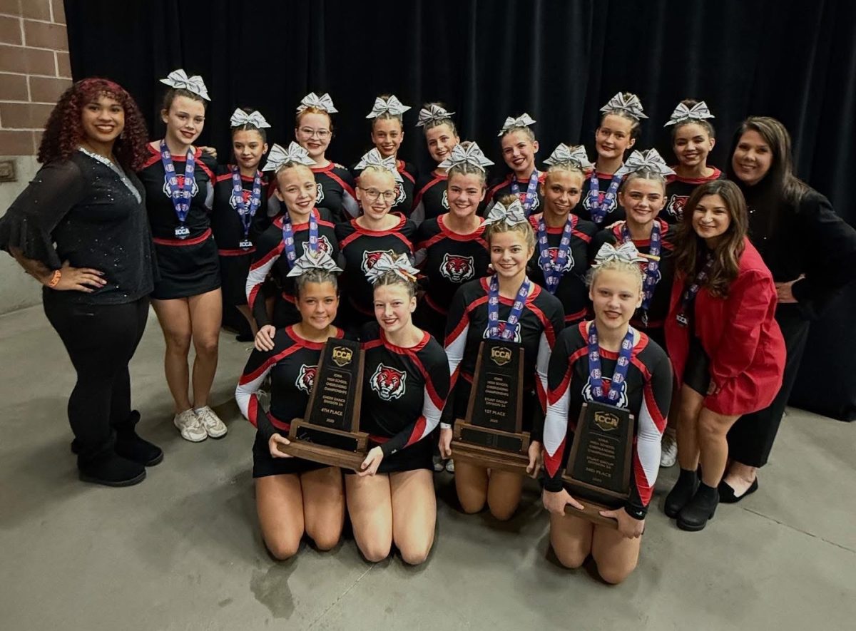 The cheer team celebrating their success at state following the awards ceremony. 