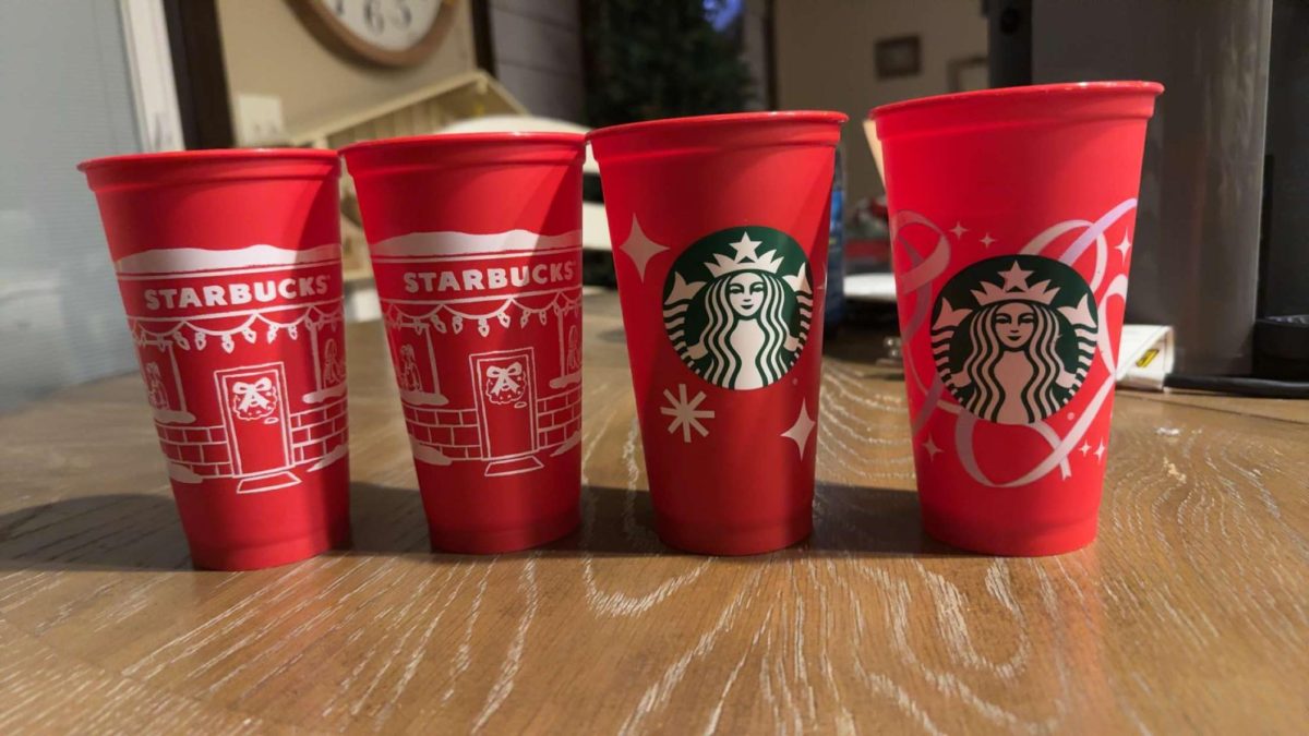 Savanna McIntyre's display of Red Cups from Starbucks