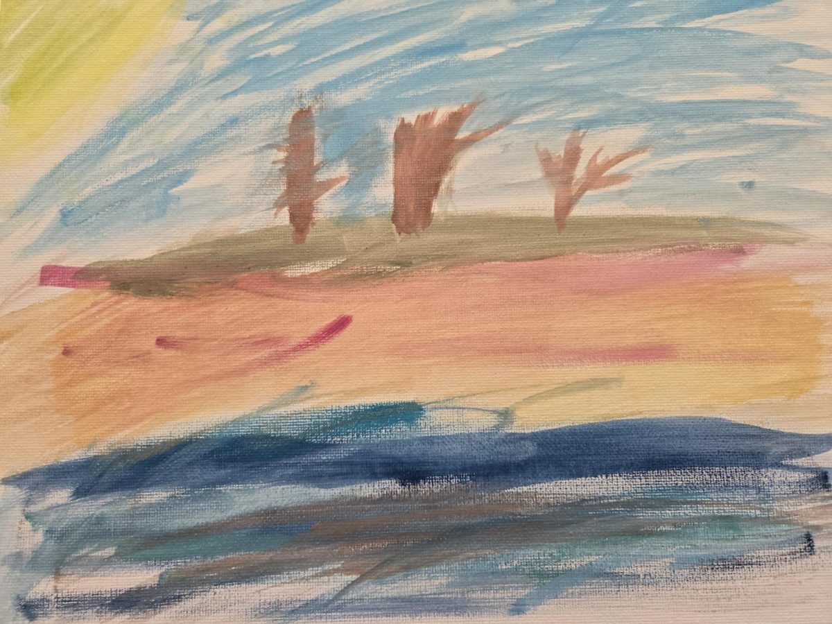 An abstract watercolor of Hanging Rock, painted on Sunday using the water of the Raccoon River.