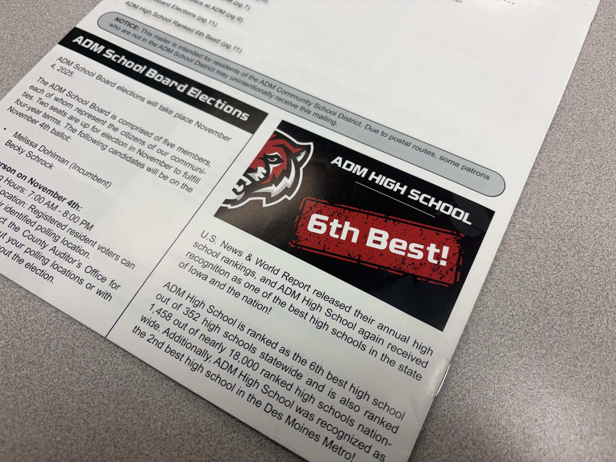 Proudly displayed, the fall district newsletter debuts the success of ADM's K-12 district ranking from the 2024-2025 school year. Superintendent Greg Dufoe was overjoyed and surprised by this news. "It's less than likely that all buildings are going to have a high performing rating or higher and we were one of two in the whole state, so that's super cool," Dufoe said.