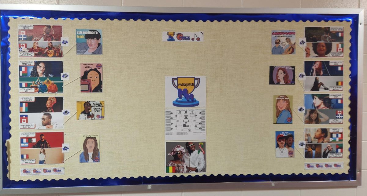 Hanging on the wall outside the French classroom, the updated Manie Musicale bracket is displayed. The bracket was updated recently by Rezek with the songs moving onto the next rounds. 