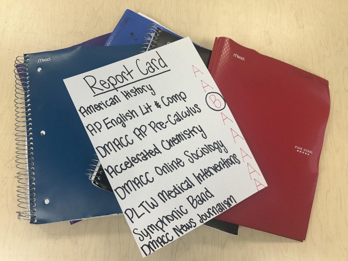 An example of a high school junior's report card lies atop a messy heap of folders and binders. This report card, and the B it shows off, is one that has been an absolute nightmare for some students to receive, as they "ruin" their previously perfect grades. 