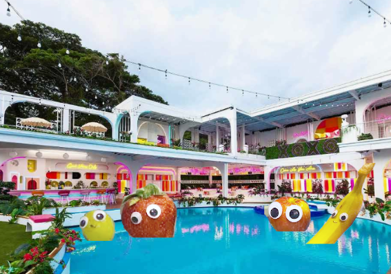 Fruits arranged on the scene of Love Island in a poor manner to capture the AI slop of the Fruit Love Island micro drama. 