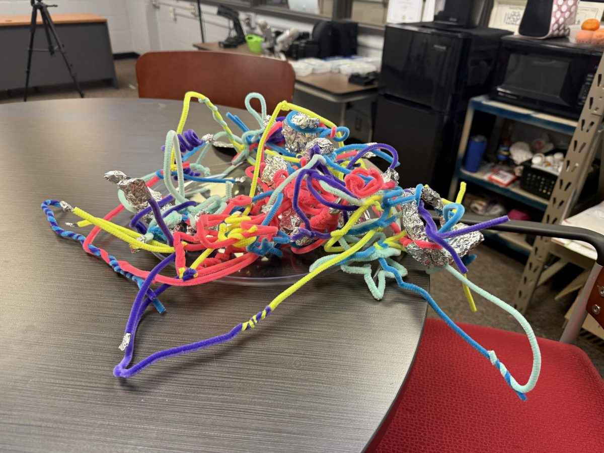  Our news team  creates a pipe cleaner thing using team work. Caleb Klassen led the group to create a pipe cleaner creation using teamwork. 