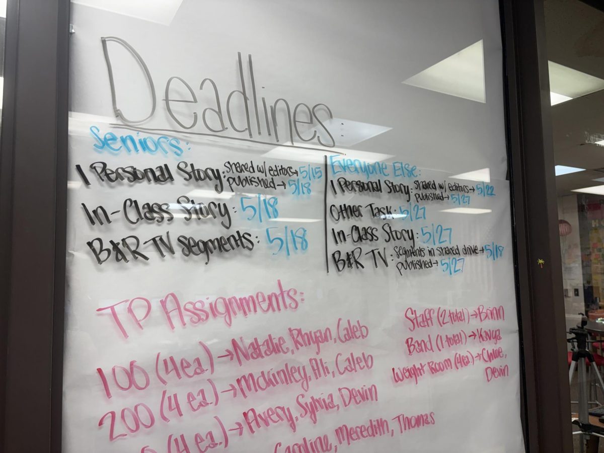 In the news room, there is a board naming the deadlines for each month, when students are supposed to have two stories published.